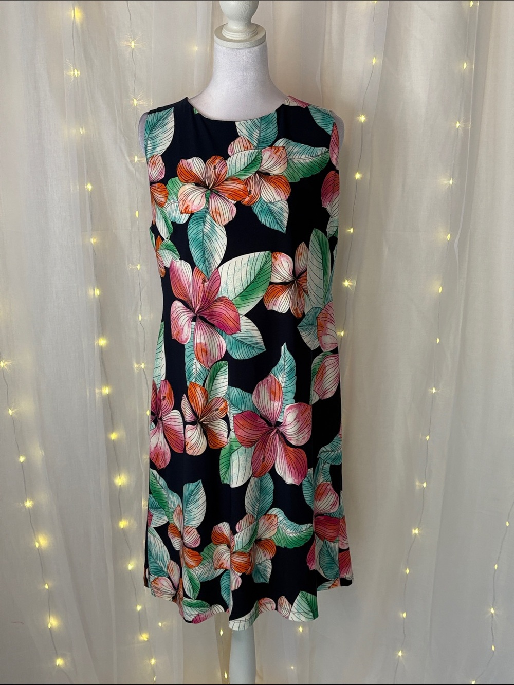 Floral Sleeveless A-Line Dress in Black with Pink & Green Blooms
